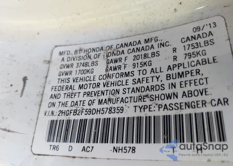 2013 Honda Civic Lx z USA, uszkodzony, nr VIN 2HGFB2F59DH578359